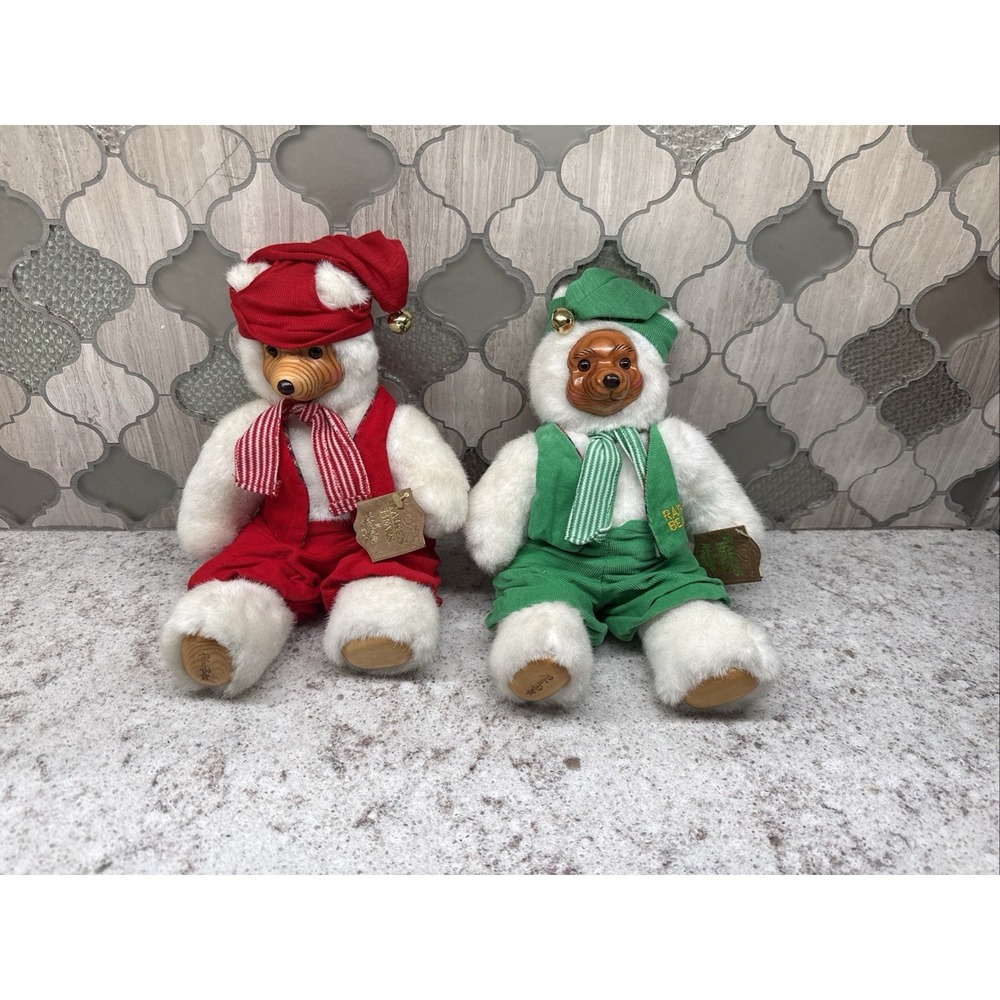 Robert Raikes Bears Pair Of White  Plush Green Red Christmas Wood Face Feet Tags